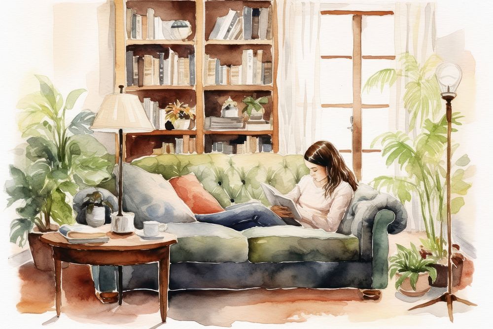 Woman reading a book in in living room publication furniture adult. AI generated Image by rawpixel.