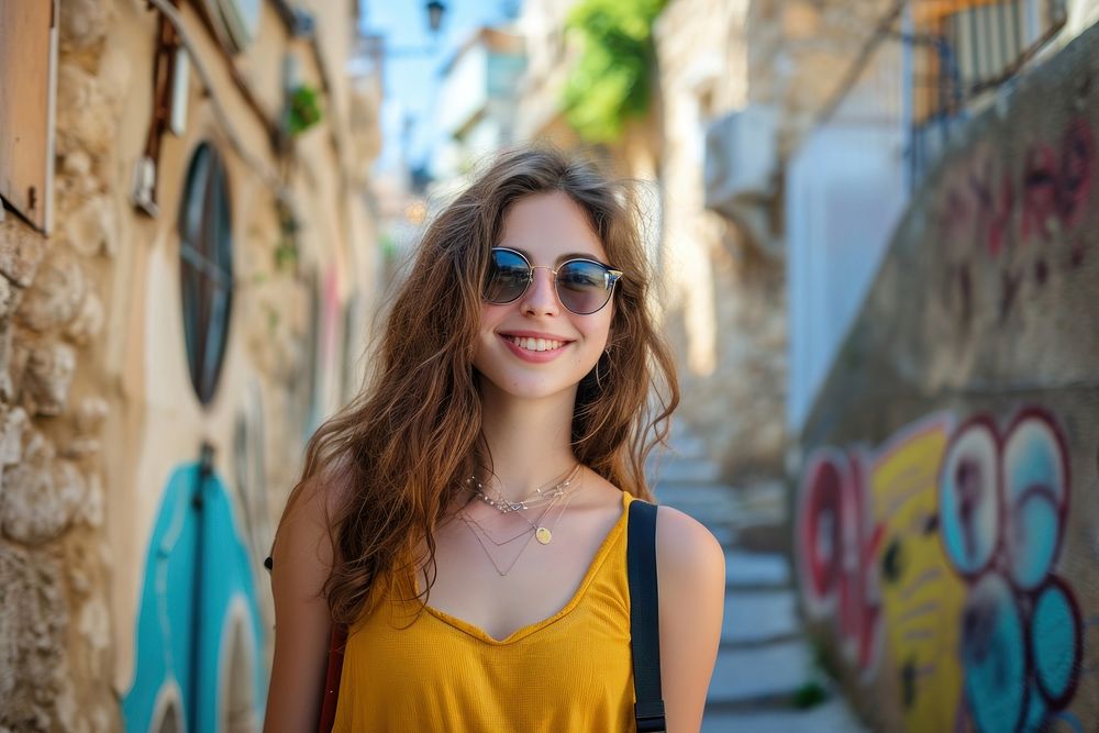 Young Israeli travel woman sunglasses portrait outdoors.