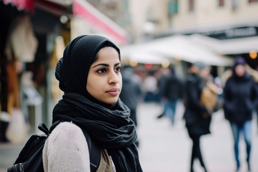 Young Saudi Arabian travel woman portrait outdoors scarf.