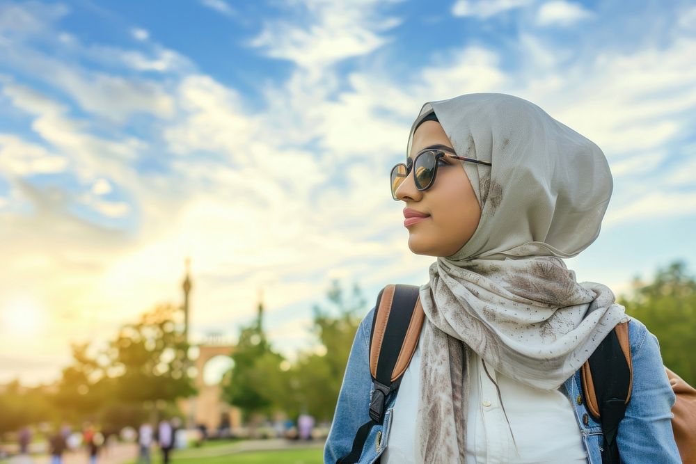 Young Saudi Arabian travel woman outdoors portrait scarf.