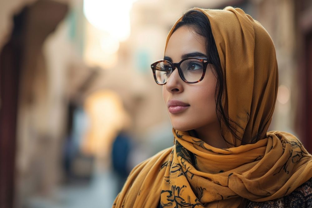 Young Saudi Arabian travel woman portrait outdoors scarf.