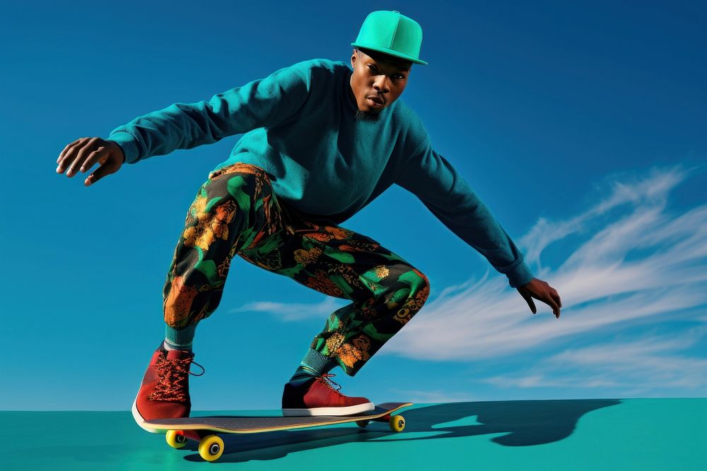 Black man in a green hat skateboarding blue snowboarding skateboarder.