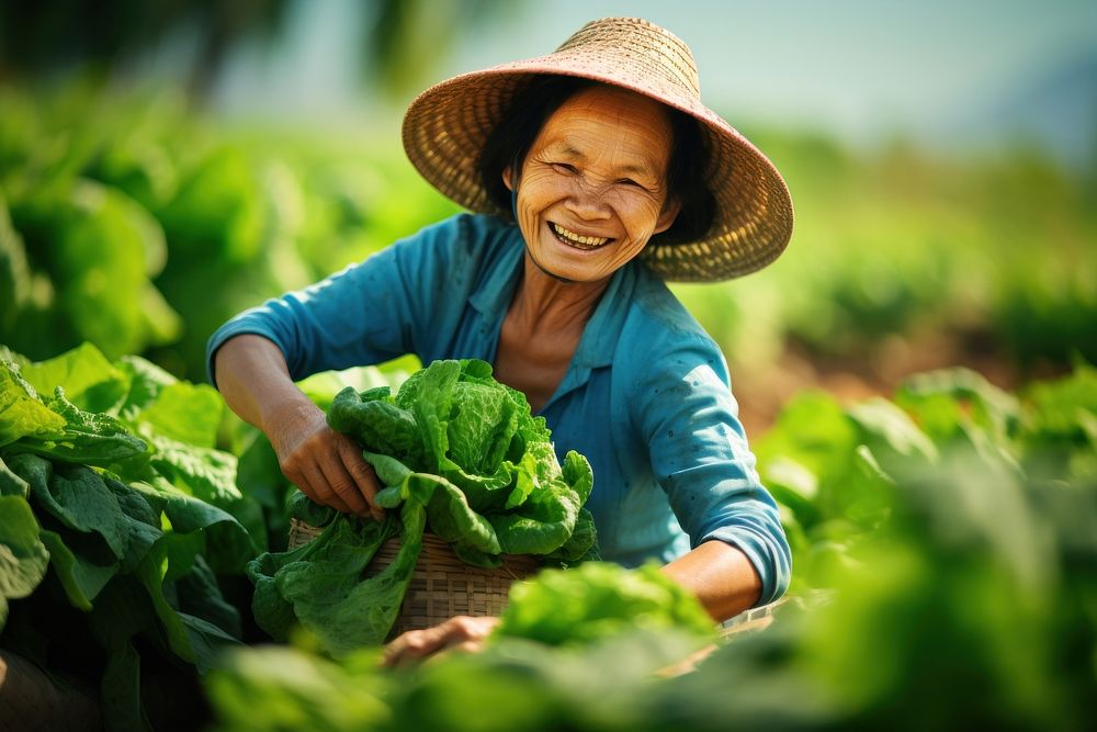 Vietnam woman vegetable harvesting cheerful.