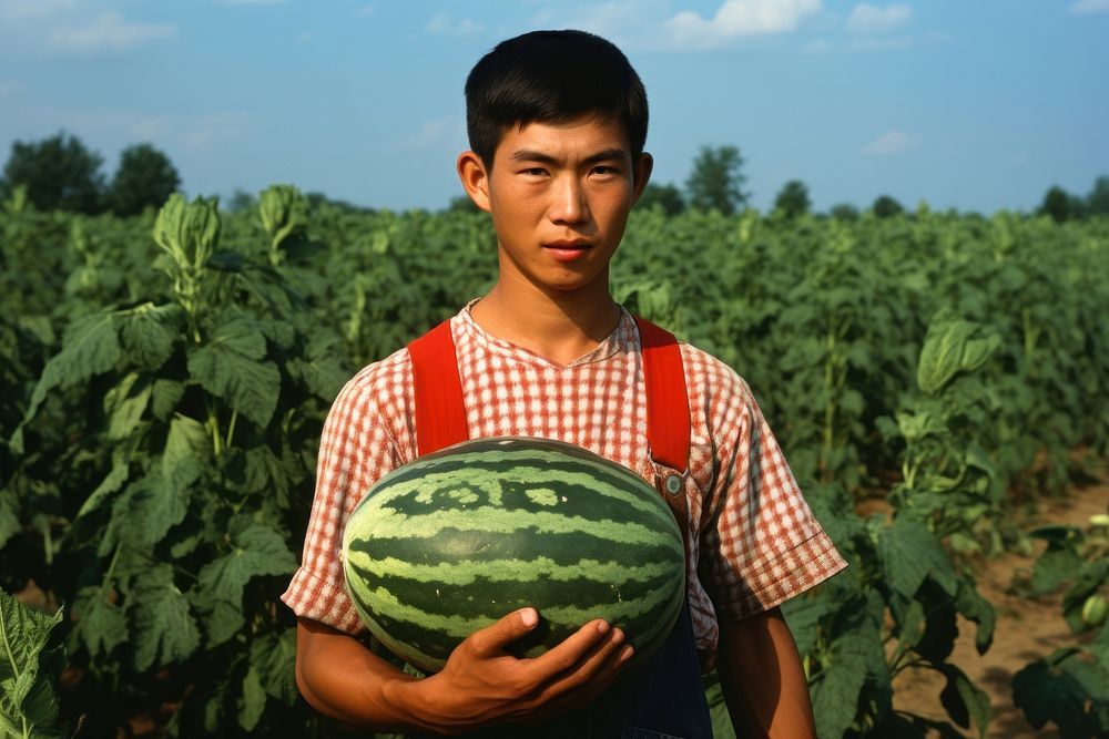 Young Thai man watermelon holding plant.