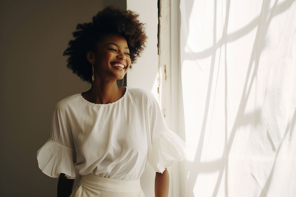 Black woman wearing Curator LEMON CHIFFON smile adult white.