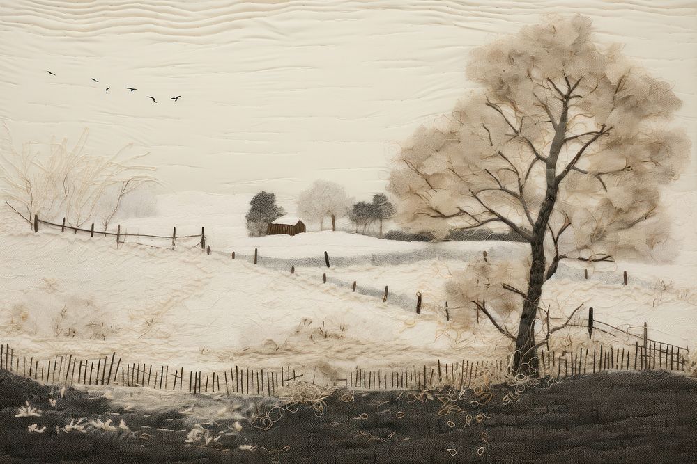 Winter snow field landscape outdoors painting.