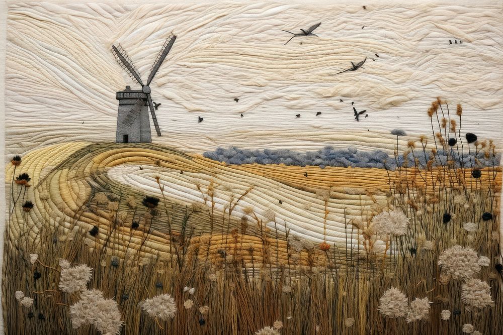 Windmill landscape painting outdoors.