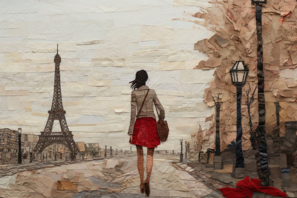 Woman walking in paris architecture painting street.