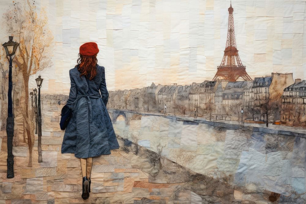 Woman walking in paris architecture portrait painting.