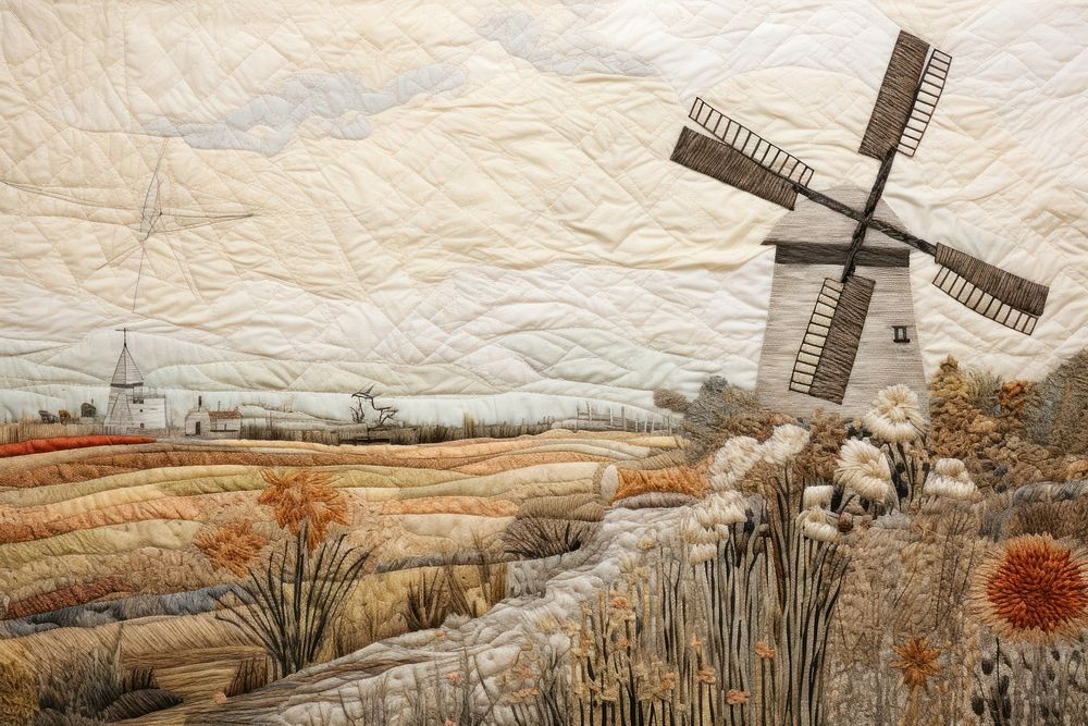 Dutch windmill landscape outdoors textile.