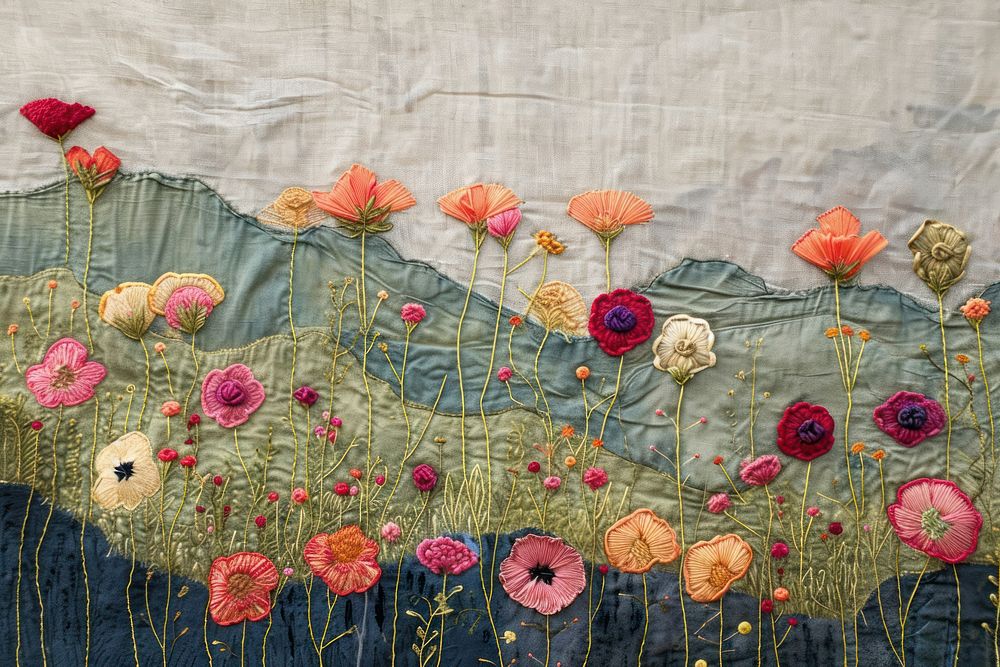 Flower field embroidery needlework quilting.