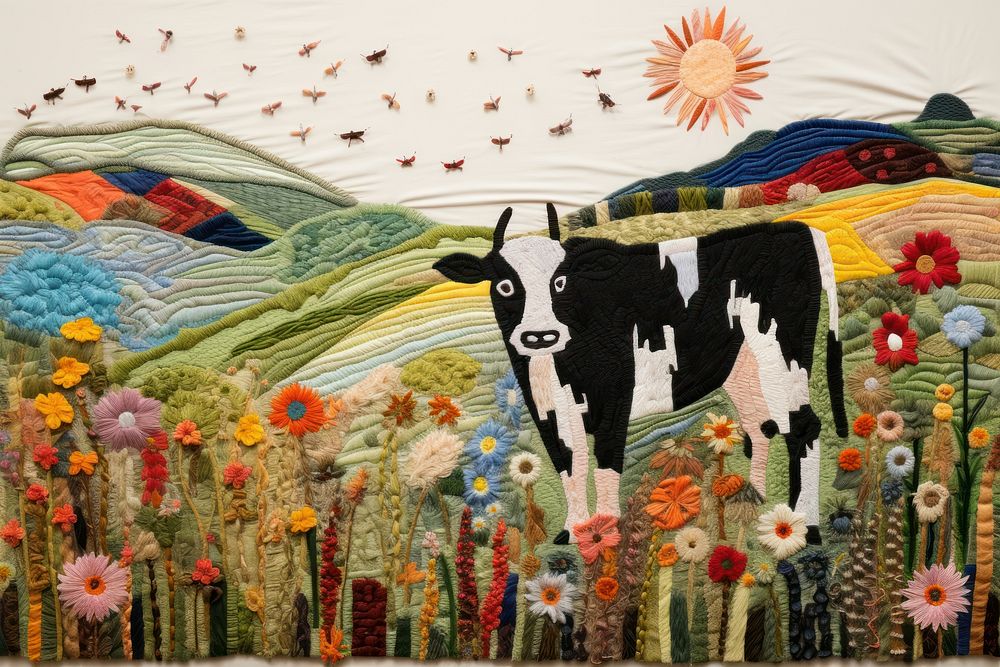 Happy cow in a farm livestock landscape painting.