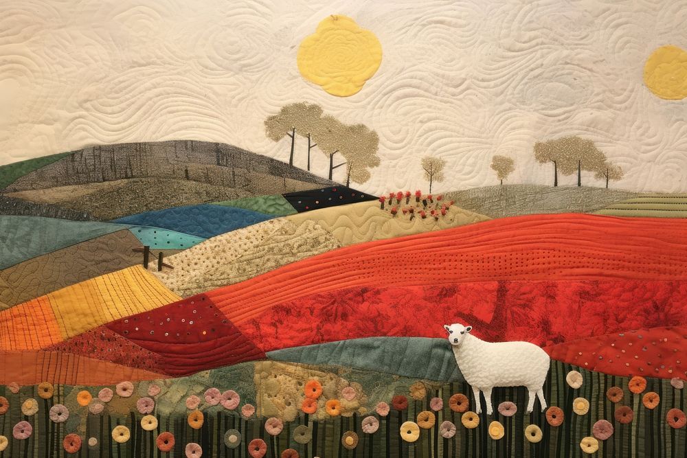 Happy sheep in a farm livestock landscape painting.