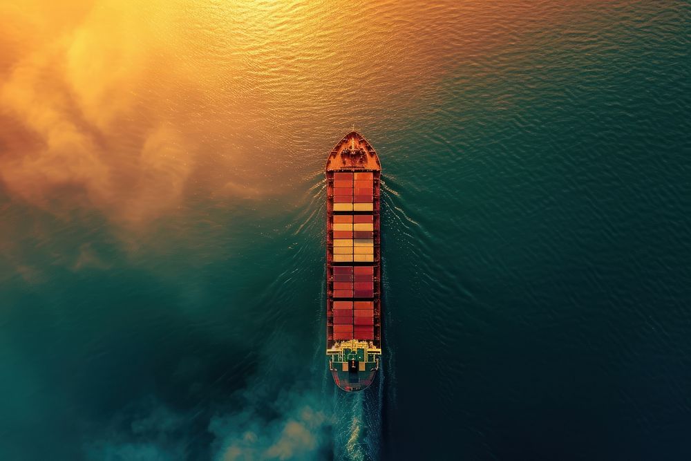Photo of cargo ship outdoors vehicle sunset.