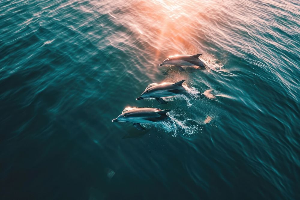 Dolphins over sea sunlight swimming outdoors.