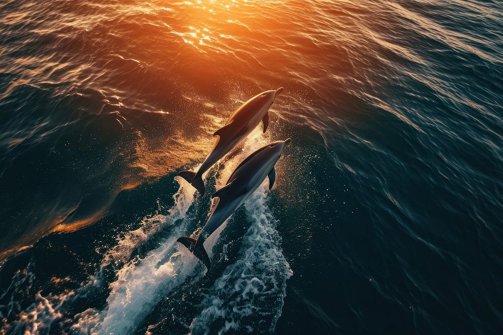 Dolphins over sea sunlight sunset mammal.