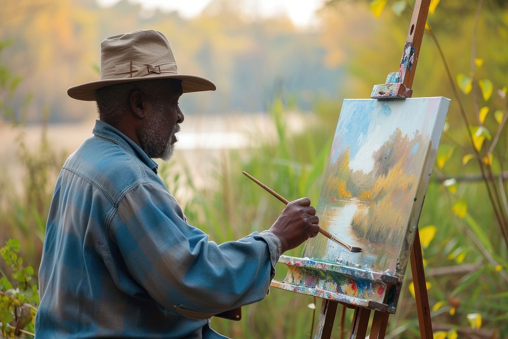 Black artist painting a scenic landscape creativity canvas brush.