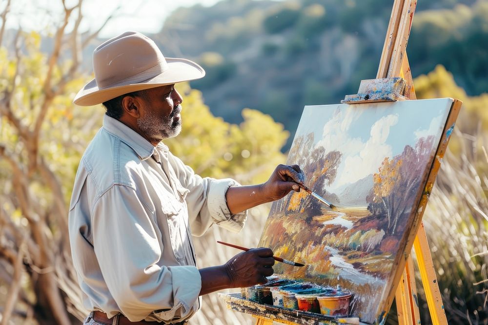 Black artist painting a scenic landscape creativity brush paintbrush.