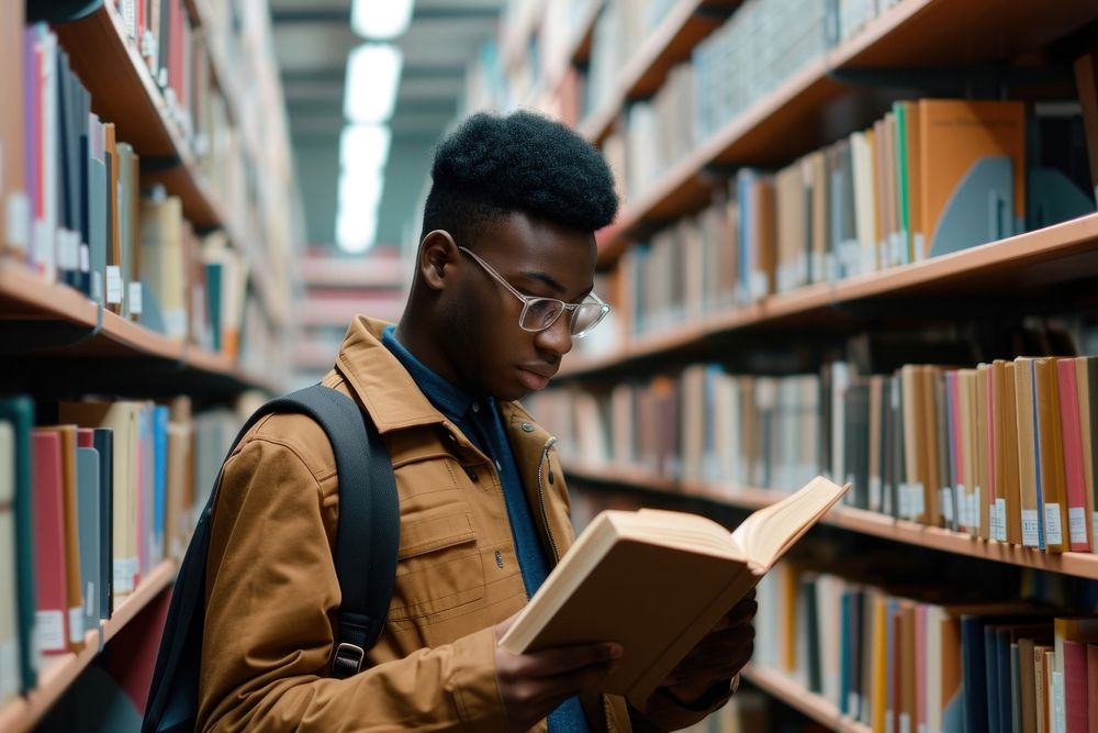 Black student reading book library publication bookcase.