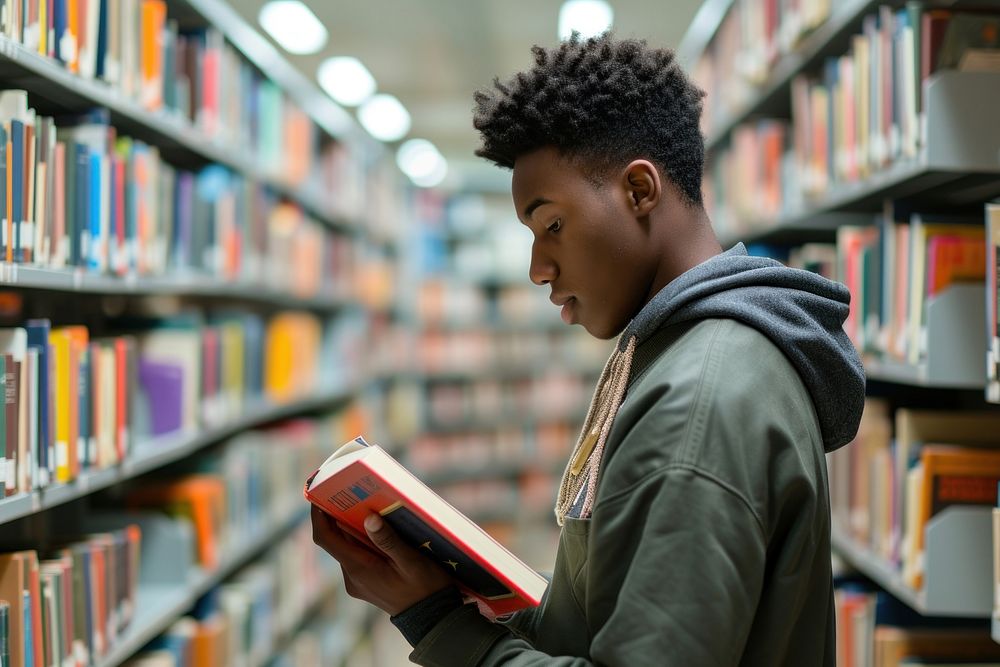 Black student reading book library publication bookcase.