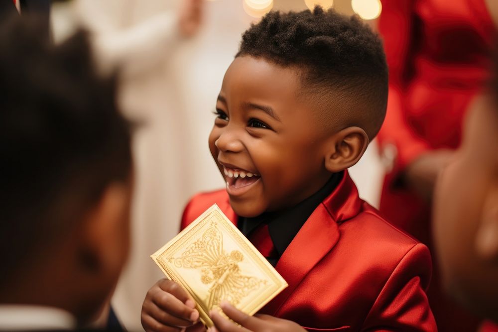 African kid sibling receive red envelopes child togetherness celebration.