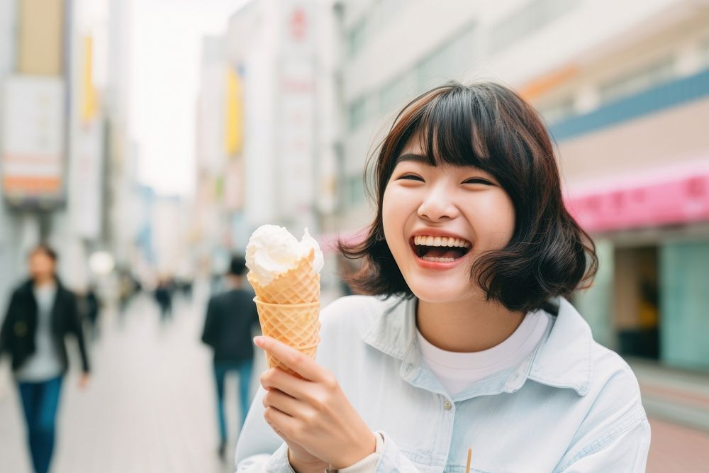 Japanese woman travel food laughing outdoors. AI generated Image by rawpixel.