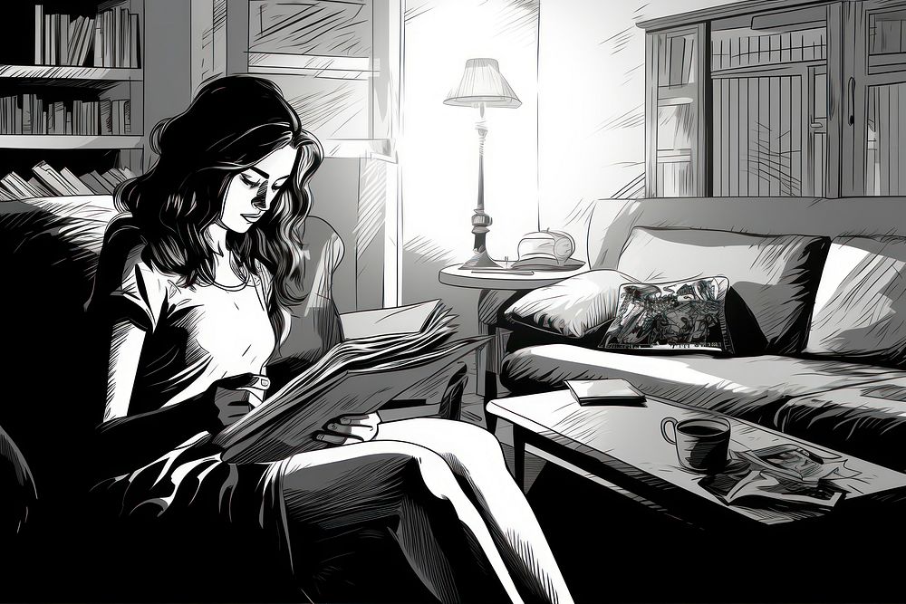 Woman reading a book in in living room publication furniture comics. 