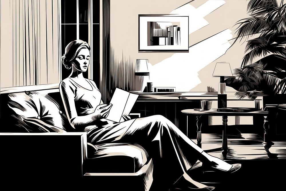 Woman reading a book in in living room furniture comics table. AI generated Image by rawpixel.