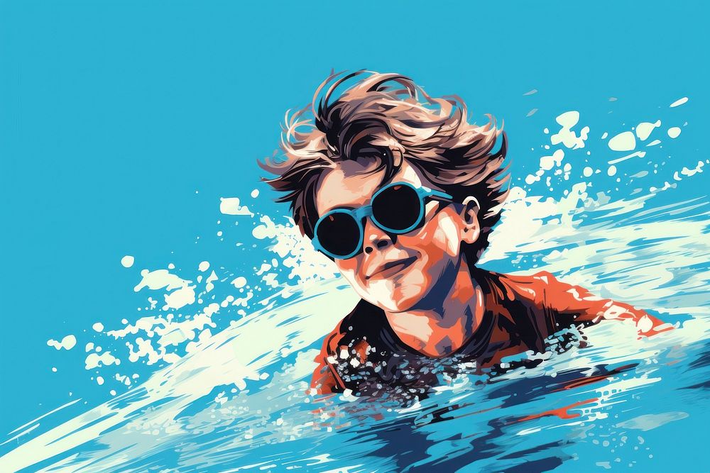 A little boy swimming in swimming pool sunglasses portrait outdoors. AI generated Image by rawpixel.