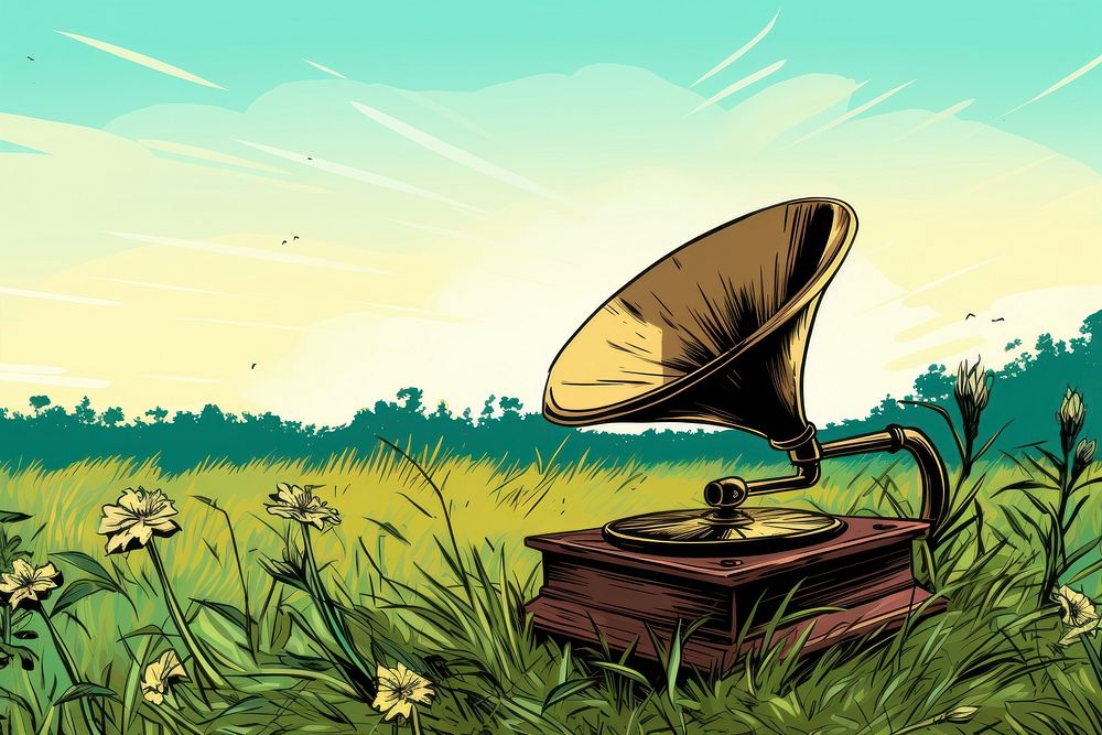 Gramophone in the middle of grass field outdoors tranquility technology. AI generated Image by rawpixel.