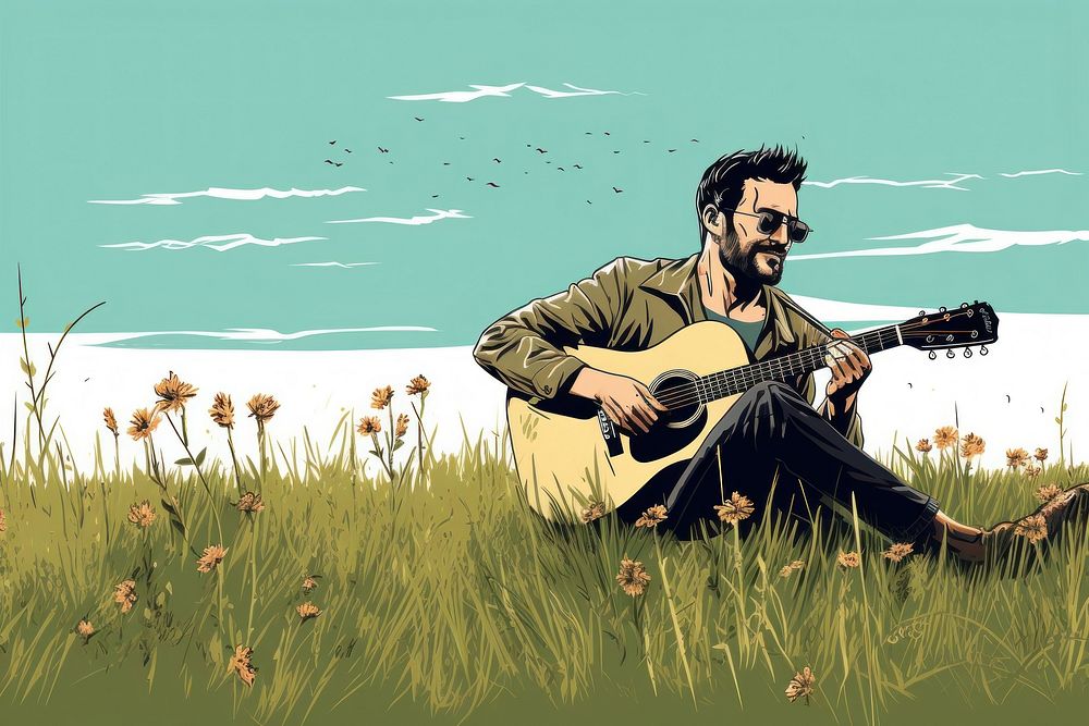 Man playing acoustic guitar in the middle of grass field music musician adult. AI generated Image by rawpixel.