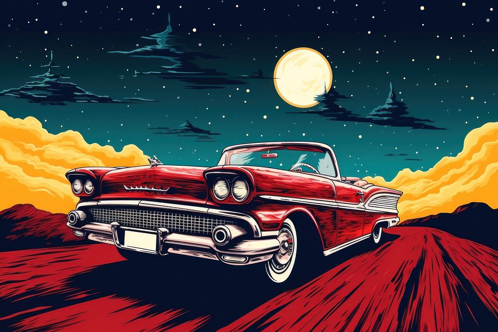 Red vintage car driving in the galaxy vehicle night transportation. AI generated Image by rawpixel.