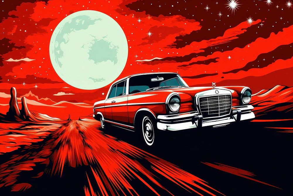 Red vintage car driving in the galaxy vehicle transportation advertisement. AI generated Image by rawpixel.