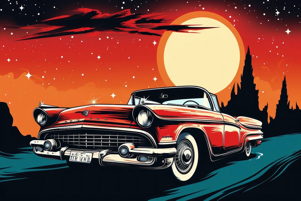 Red vintage car driving in the galaxy vehicle wheel transportation. AI generated Image by rawpixel.