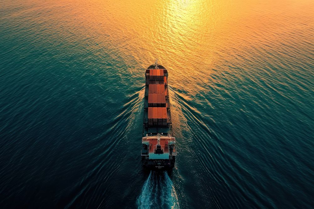 Photo of cargo ship sky watercraft sunlight.