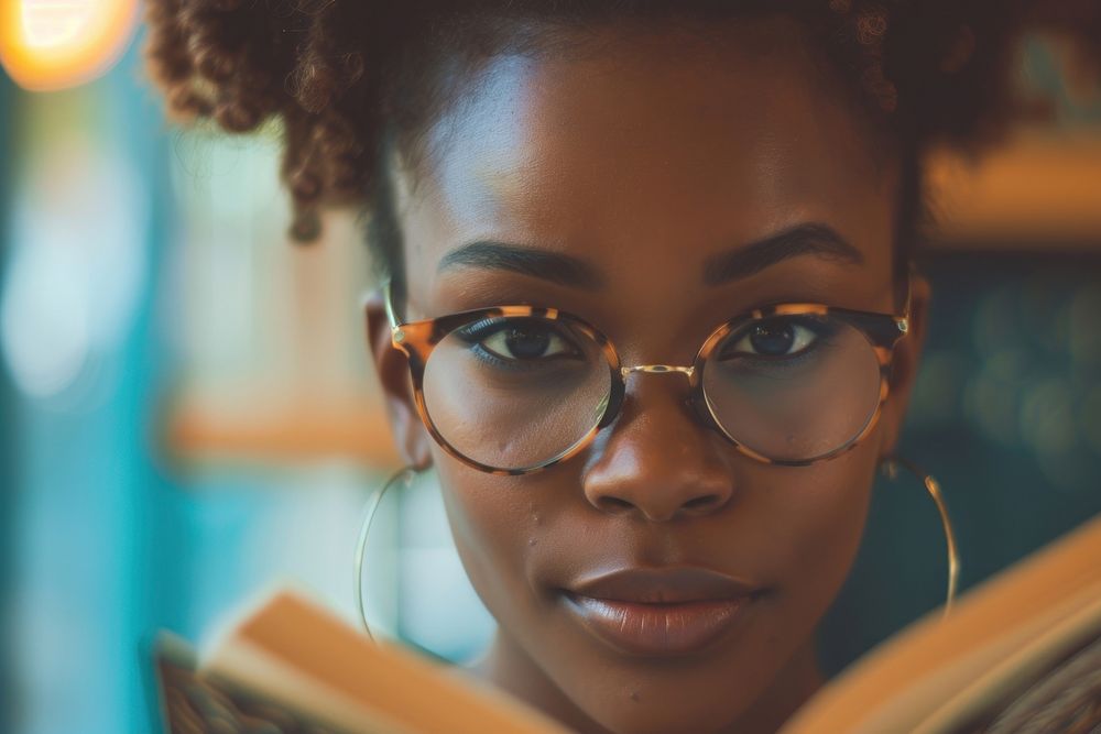 Young black woman reading glasses skin eye.