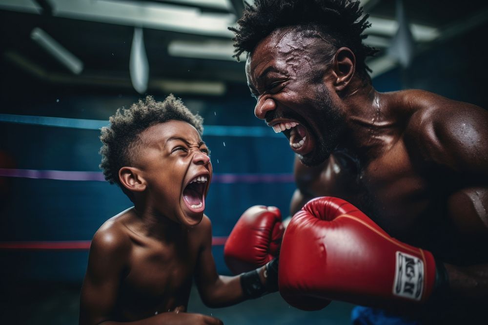 African American dad and son boxing punching sports.