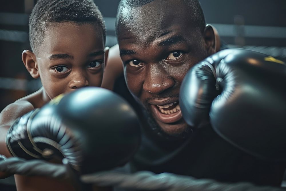 African American dad and son punching boxing sports.