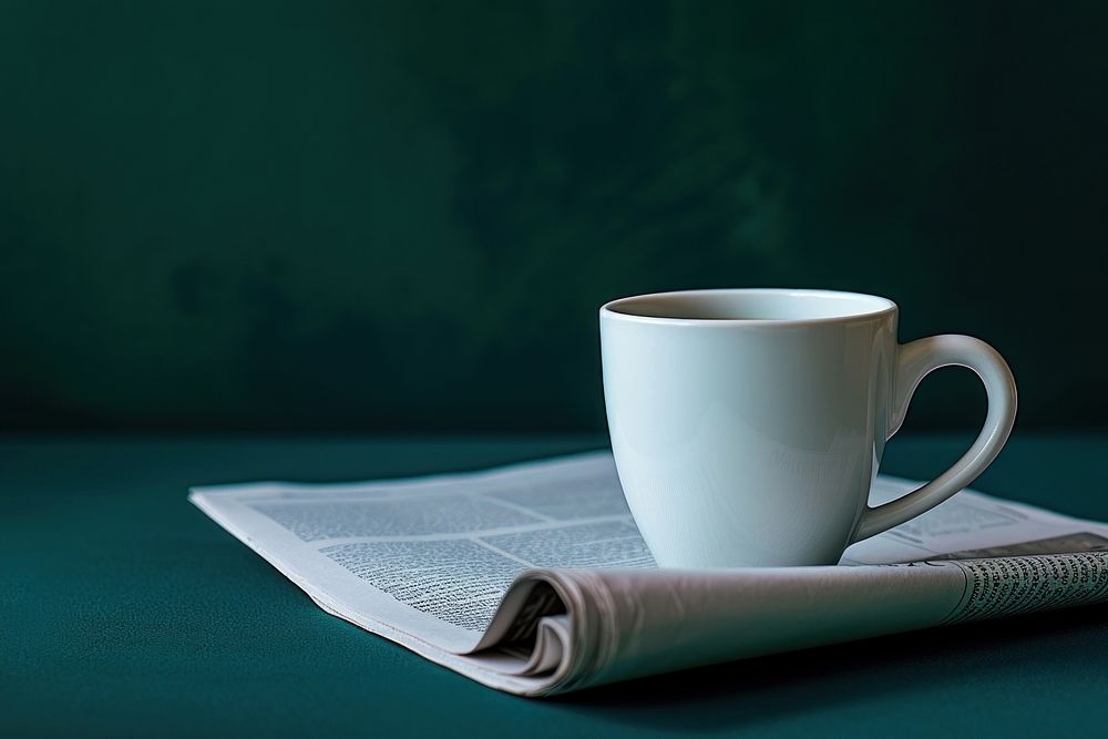 Coffee cup mockup newspaper saucer drink.