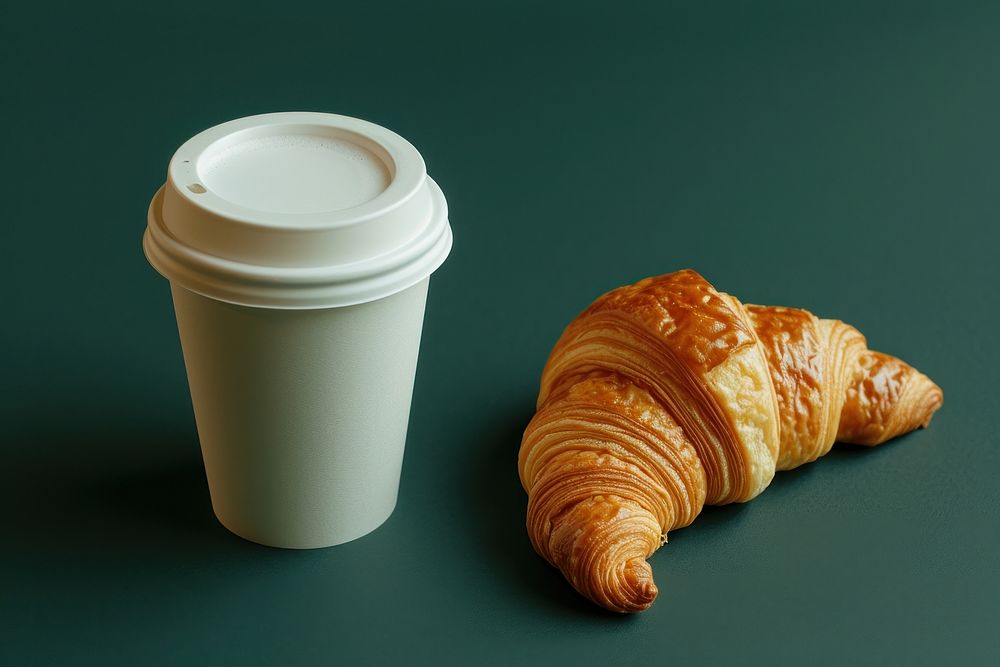 Coffee paper cup mockup croissant bread food.