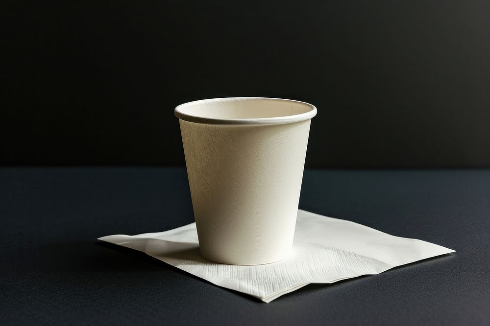 Coffee paper cup mockup napkin mug black background.