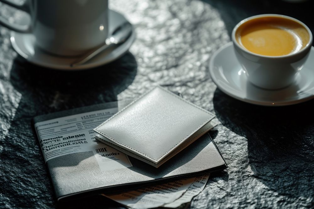 Wallet mockup saucer coffee paper.