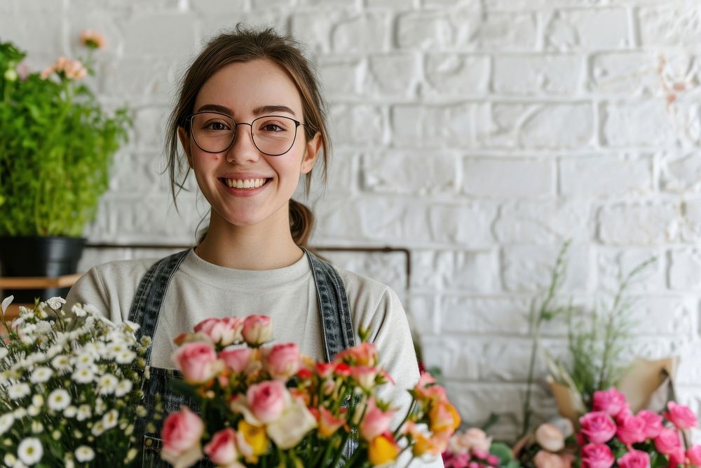Adult woman florist smile portrait glasses.