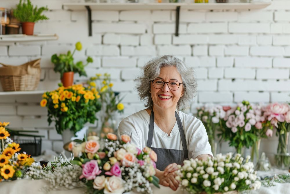 Mature woman florist smile working flower.