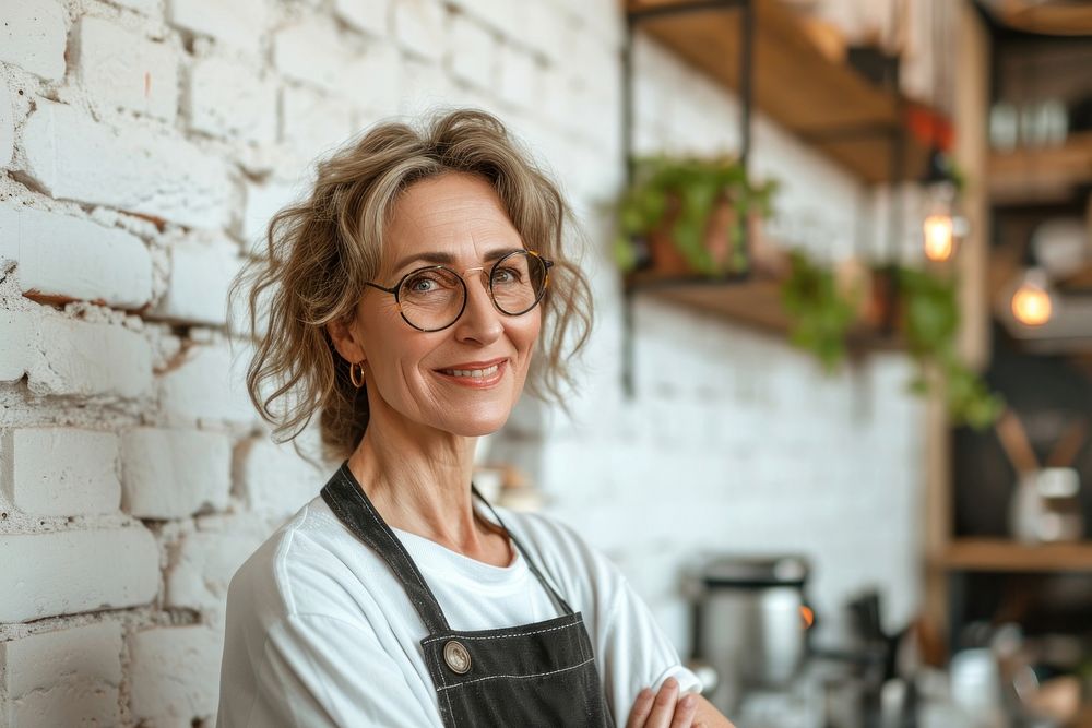 Mature woman waiter smile glasses working.