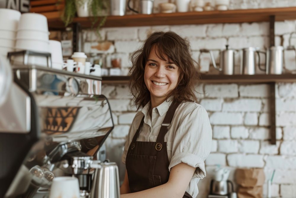 Middle age woman barista working smile entrepreneur.