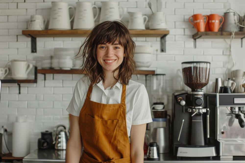 Middle age woman barista working smile cup.