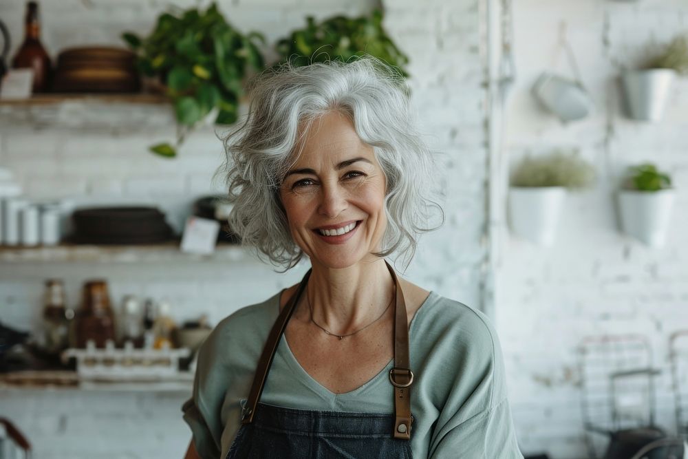 Middle age woman casheir smile adult entrepreneur.