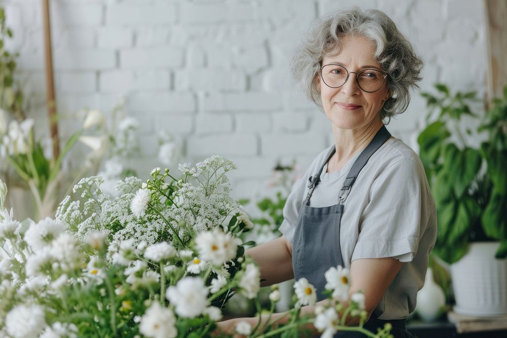 Middle age woman florist working nature adult.