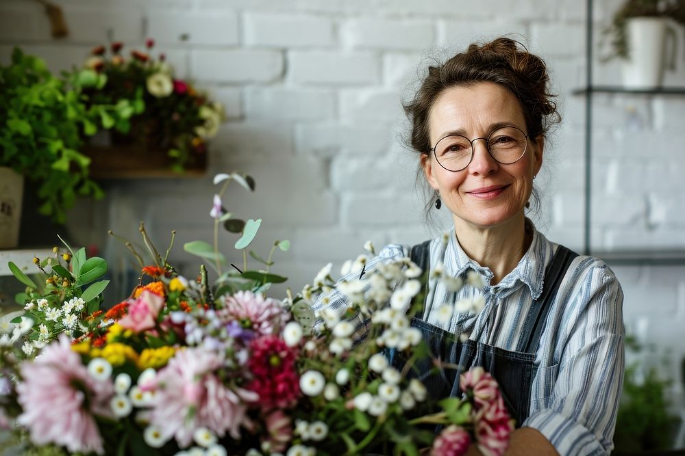 Middle age woman florist smile gardening glasses.